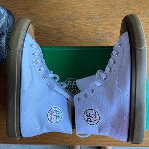 PF Flyers in White Canvas and Gum soles.
